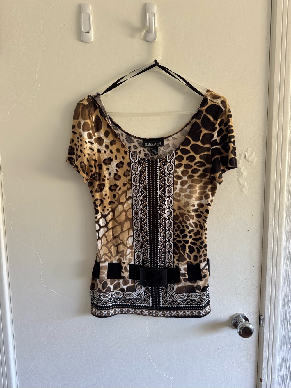 Frank Lyman Design Brown and Black Animal-Print Scoop Neck Top